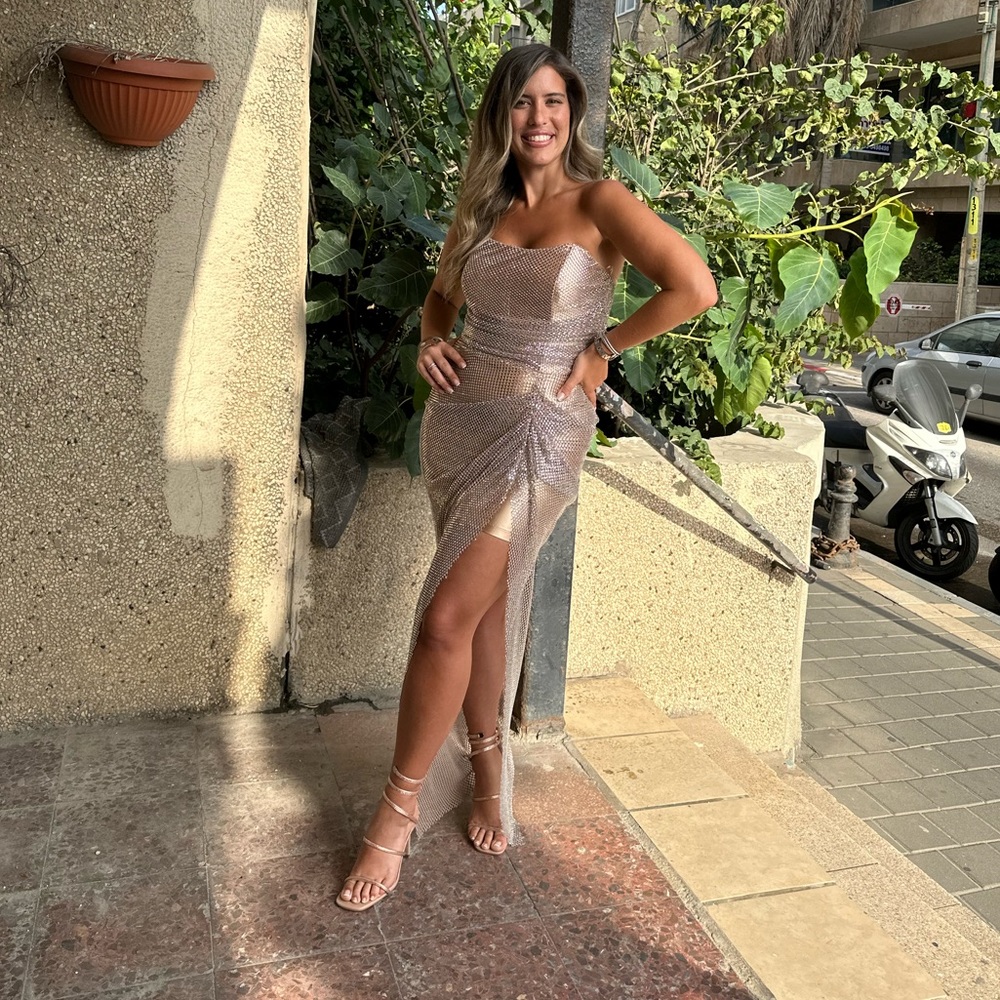 Champagne beaded wedding guest dress